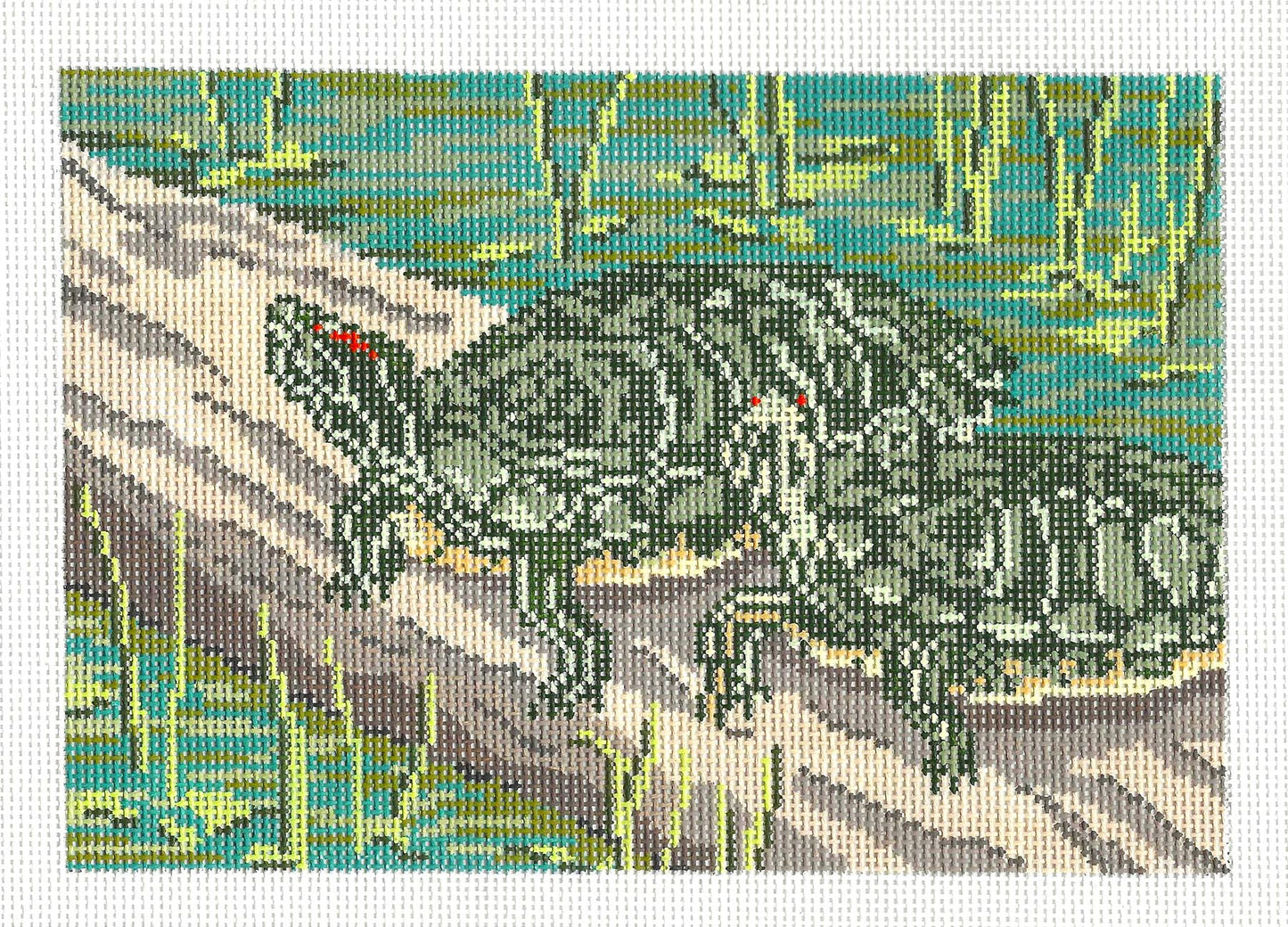 Turtle Canvas ~ 2 Turtles on a Log 18 mesh handpainted Needlepoint Canvas by Needle Crossings