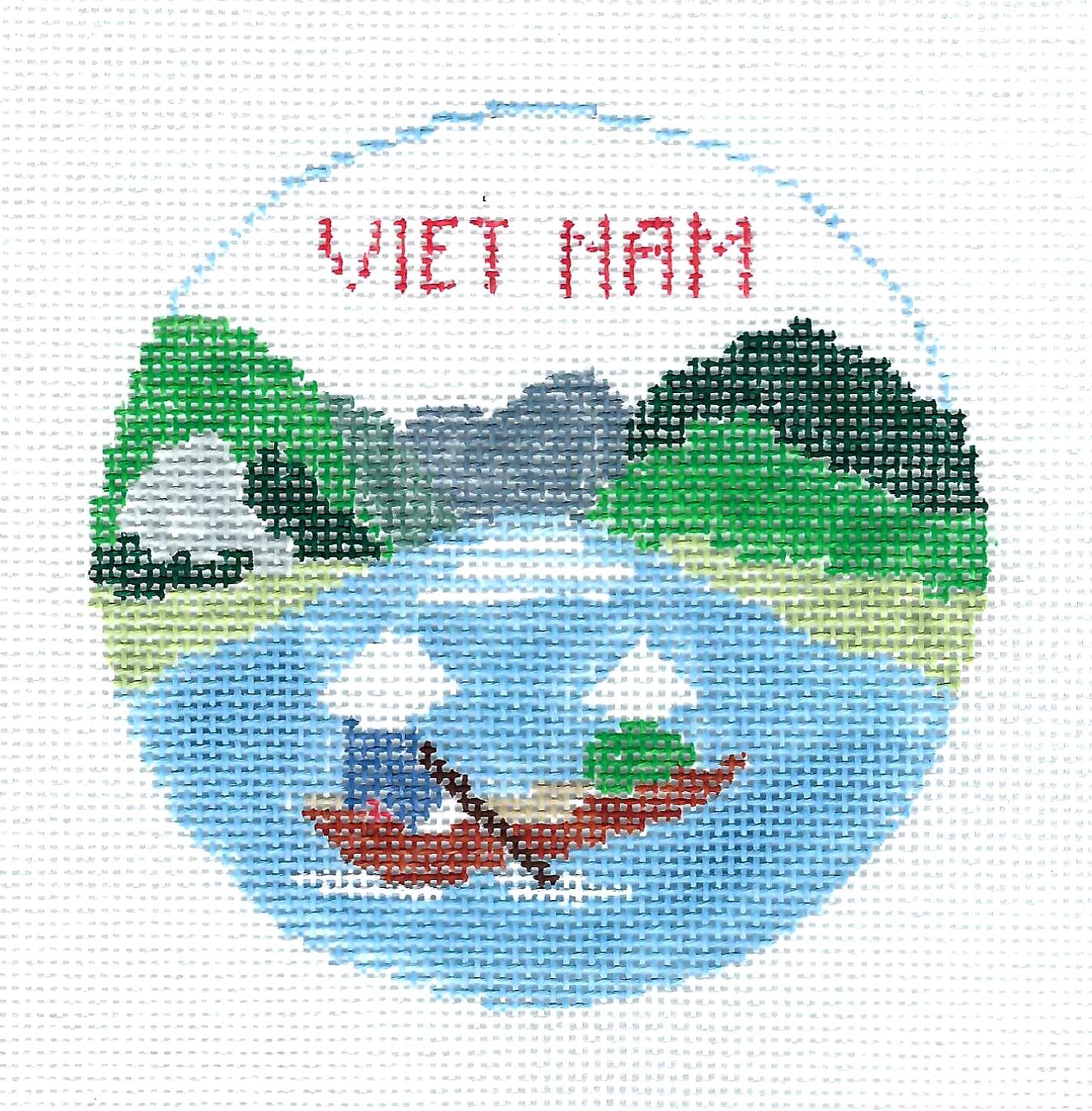 Travel Round ~ VIET NAM in Asia  4" Rd. 18 mesh handpainted Needlepoint Canvas Ornament by Kathy Schenkel