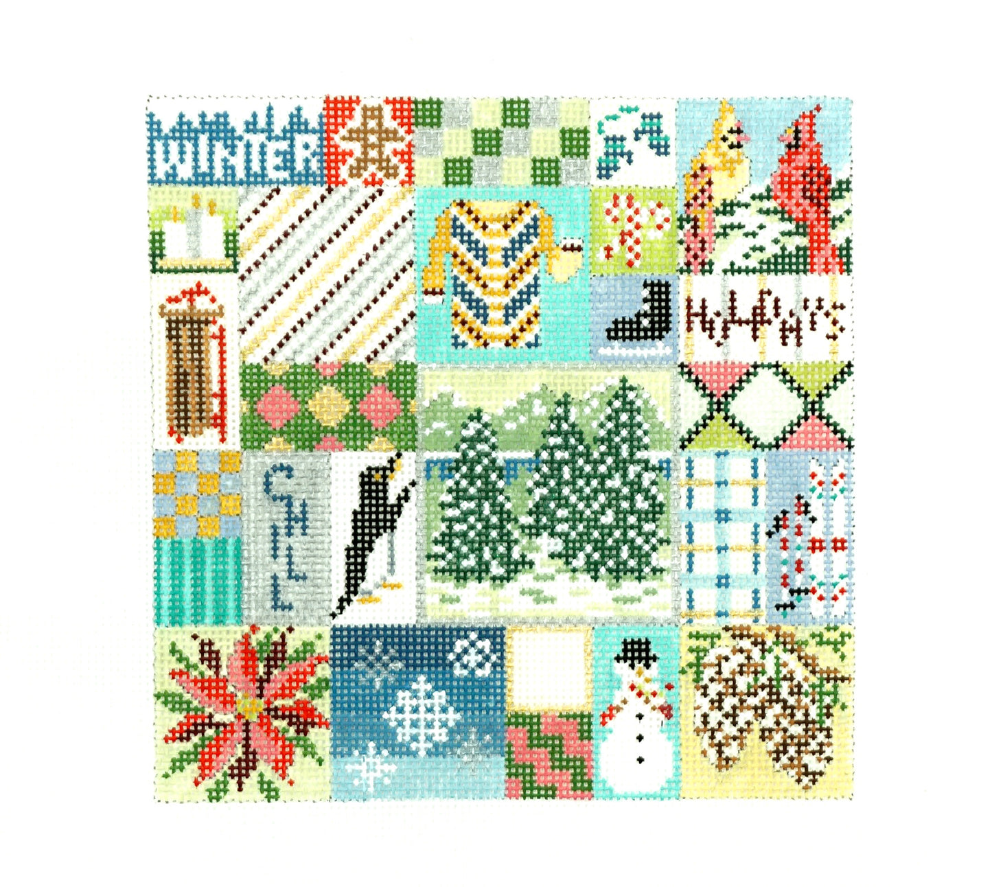 SEASONS ~ Winter Quilt Sampler handpainted 13 mesh 7.25" Square Needlepoint Canvas by Needle Crossings