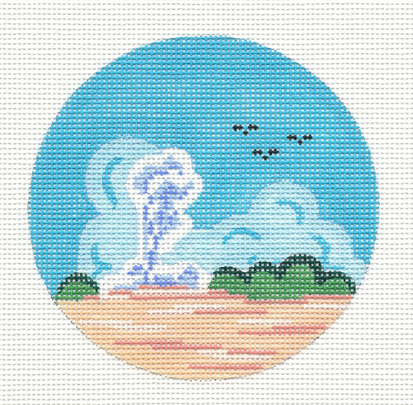 Travel Round ~ "OLD FAITHFUL" in YELLOWSTONE PARK  handpainted 4" round 18 Mesh Needlepoint Canvas by Painted Pony