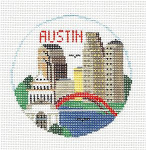 Travel Round ~ AUSTIN, TEXAS handpainted Needlepoint Canvas by Kathy Schenkel