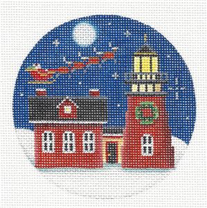 Round ~ Red Lighthouse with Santa in His Sleigh Ornament HP Needlepoint Canvas by Rebecca Wood