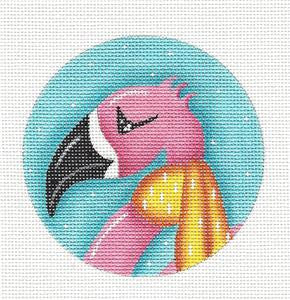 Round- Dapper Flamingo in Scarf handpainted Needlepoint Canvas ZIA from Danji