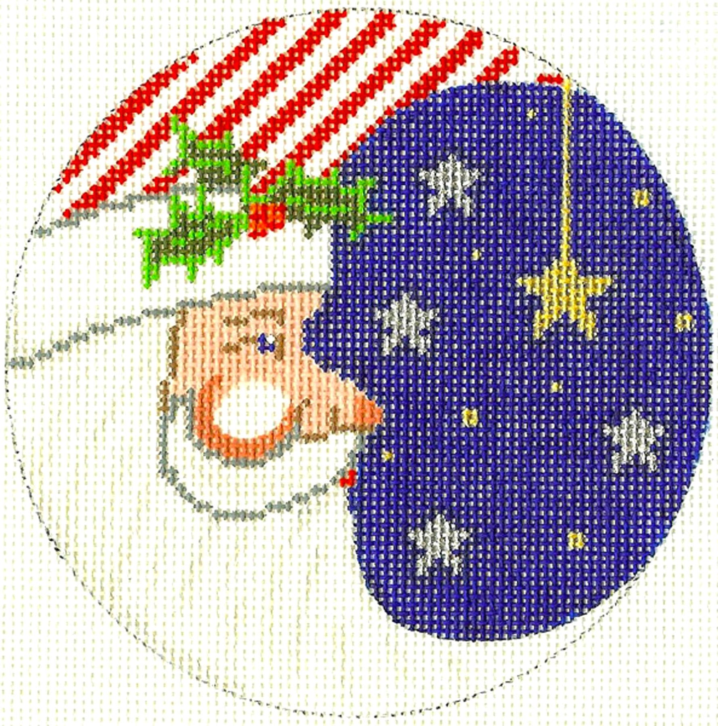 Round ~ Patriotic Santa with Christmas STAR handpainted 4.5" Rd. 18 Mesh Needlepoint Ornament Canvas by Silver Needle