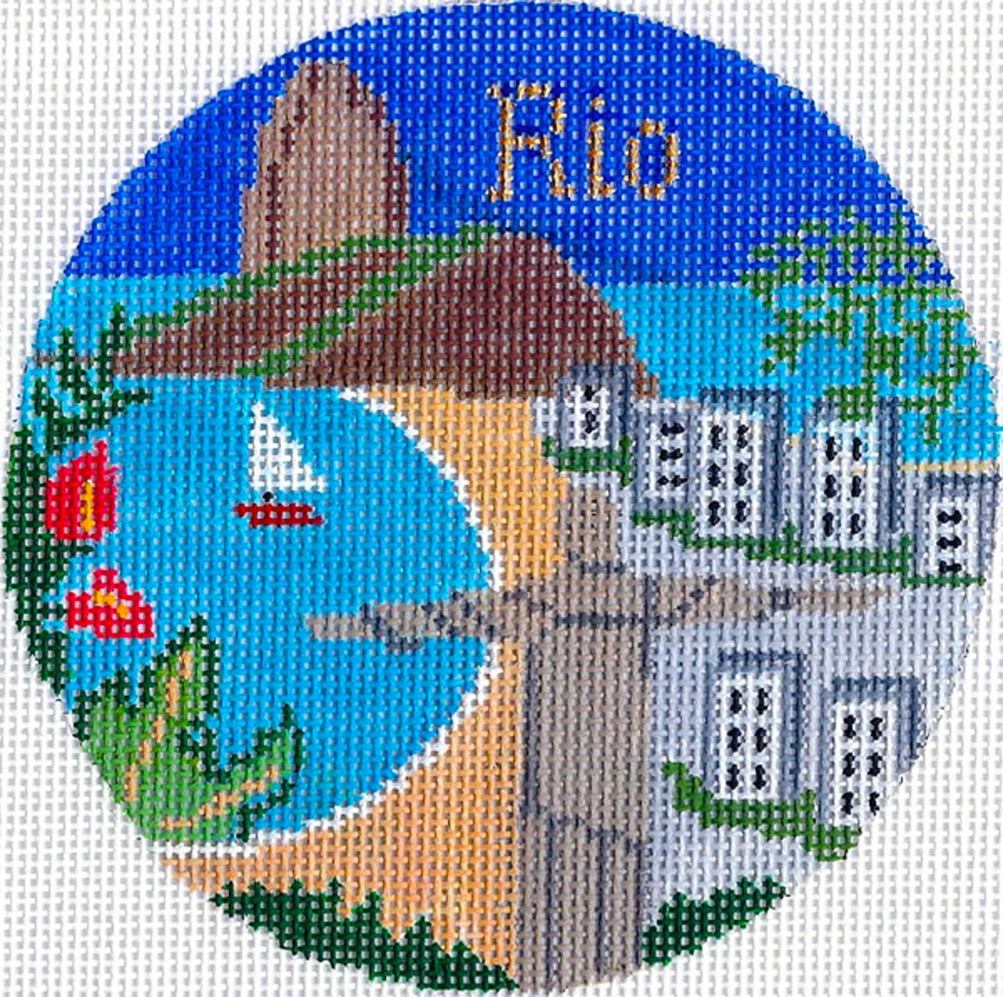 Round ~ Rio de Janeiro, Brazil handpainted 4.25" Needlepoint Canvas by Silver Needle