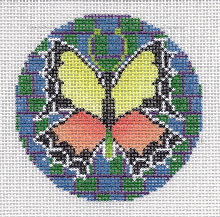 Round ~ Elegant Stain Glass Butterfly 3" Rd. handpainted 18 Mesh Needlepoint Canvas by LEE