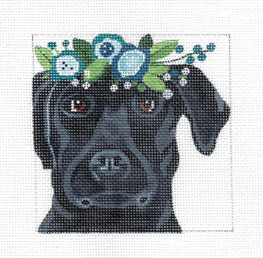 Dog ~ Black Lab Dog with Flowers handpainted Needlepoint Canvas Ornament by Melissa Prince