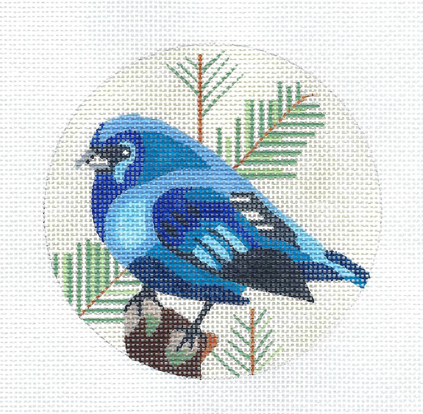 Bird Round ~ Blue Bunting Bird on Pine Branch handpainted 4" Rd. Needlepoint Ornament by Melissa Prince