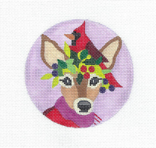 Deer & Cardinal with Holly Wreath handpainted 4" Rd. Needlepoint 18 Mesh Ornament Canvas by Melissa Prince