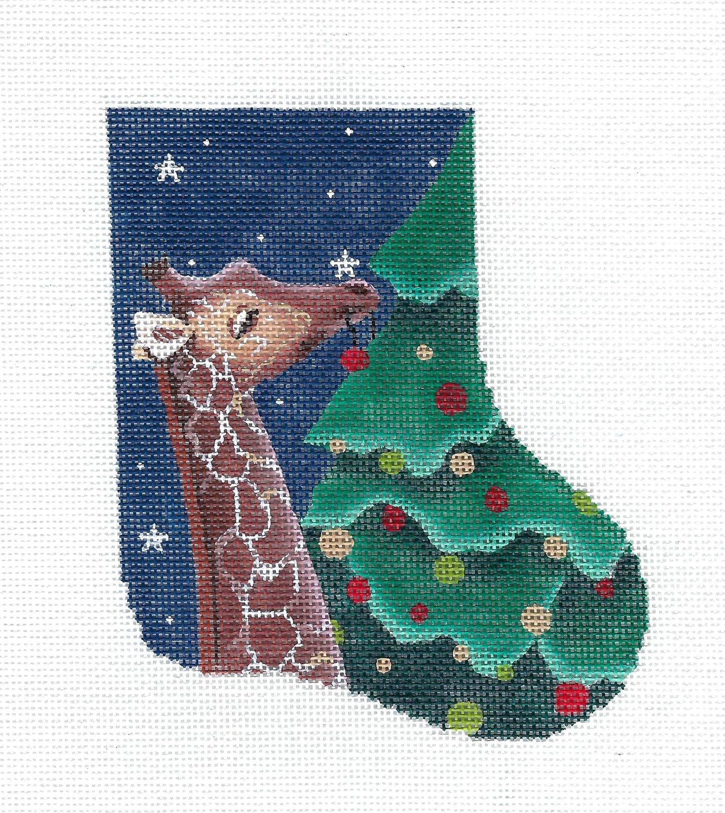 Christmas ~ Giraffe Decorating a Tree Mini Stocking Ornament 18 Mesh handpainted Needlepoint Canvas by Ginny Diezel from CBK