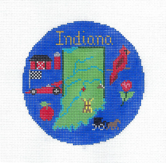 Travel Round ~ INDIANA handpainted 4.25" Needlepoint Canvas Ornament by Silver Needle