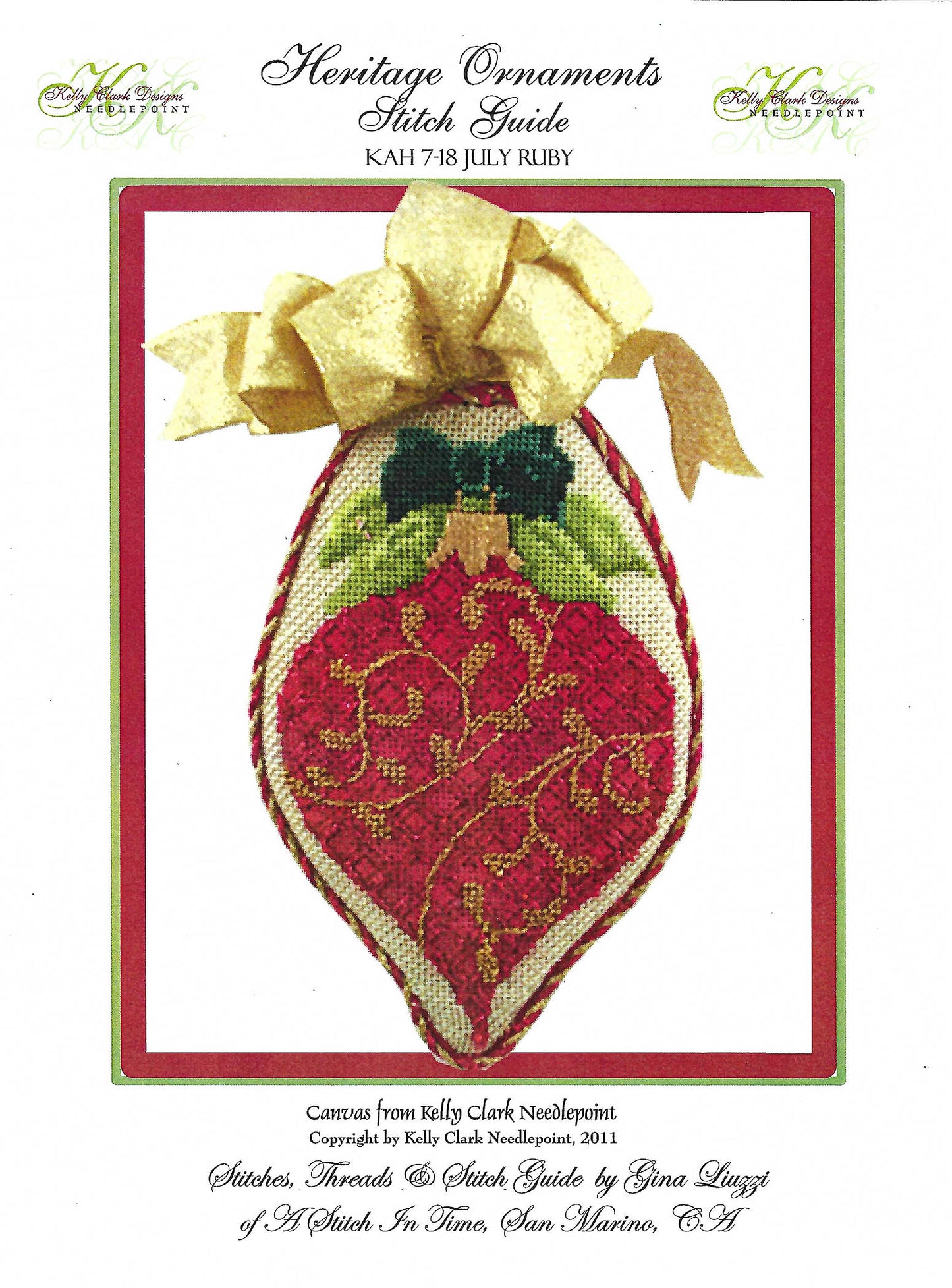 12 Months ~ Ruby Heritage JULY Monthly Ornament & STITCH GUIDE handpainted Needlepoint Ornament Canvas by Kelly Clark