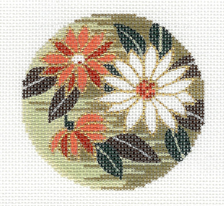 Round ~ Oriental Chrysanthemums handpainted 18 Mesh Needlepoint Canvas 3" RD. Ornament or Insert by LEE