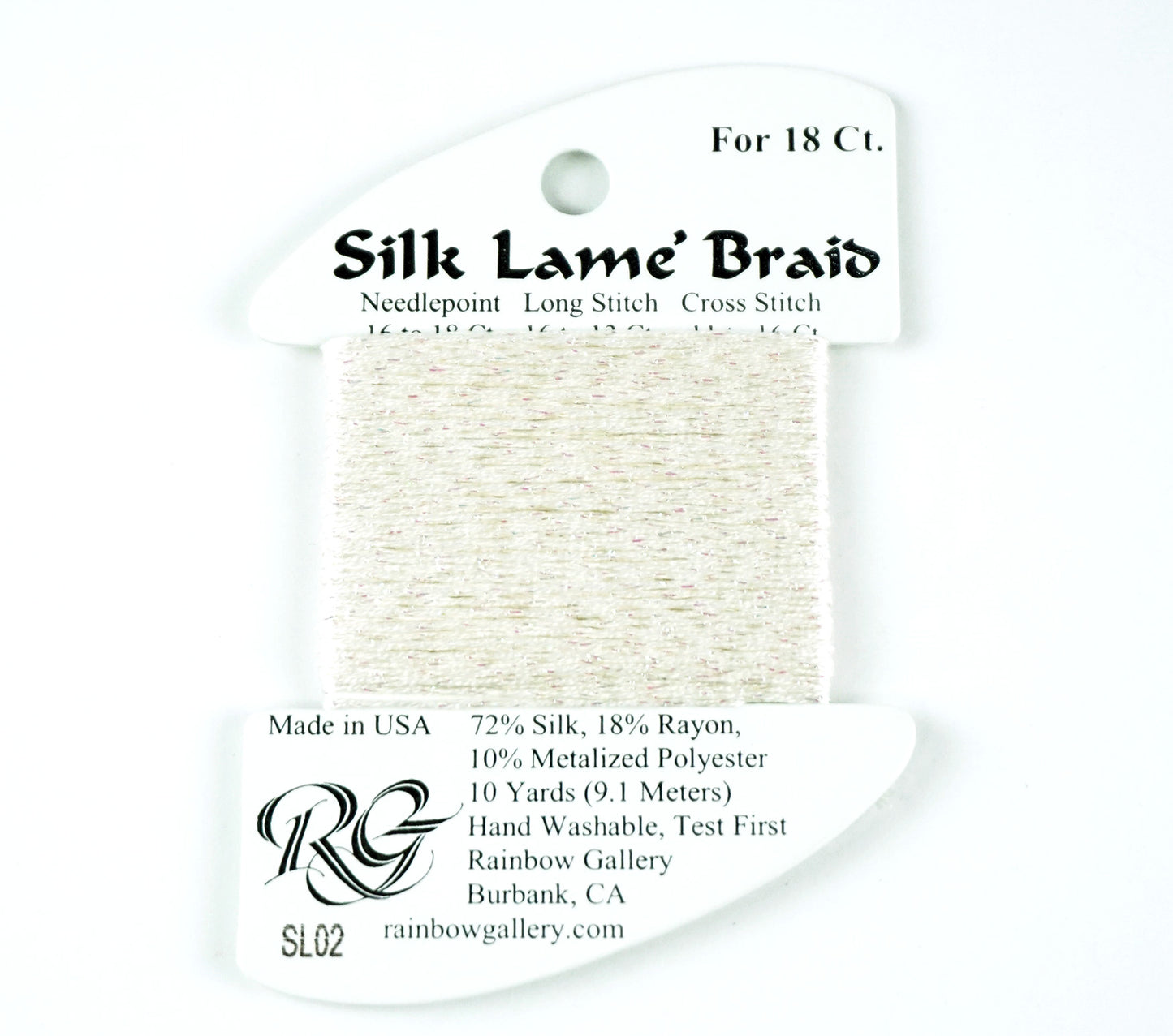 Silk Lame' Braid ~ Silk Lame' Braid #SL02 "White" Silk Lame' Braid  10 Yd. Needlepoint Braid for 18 mesh  by Rainbow Gallery