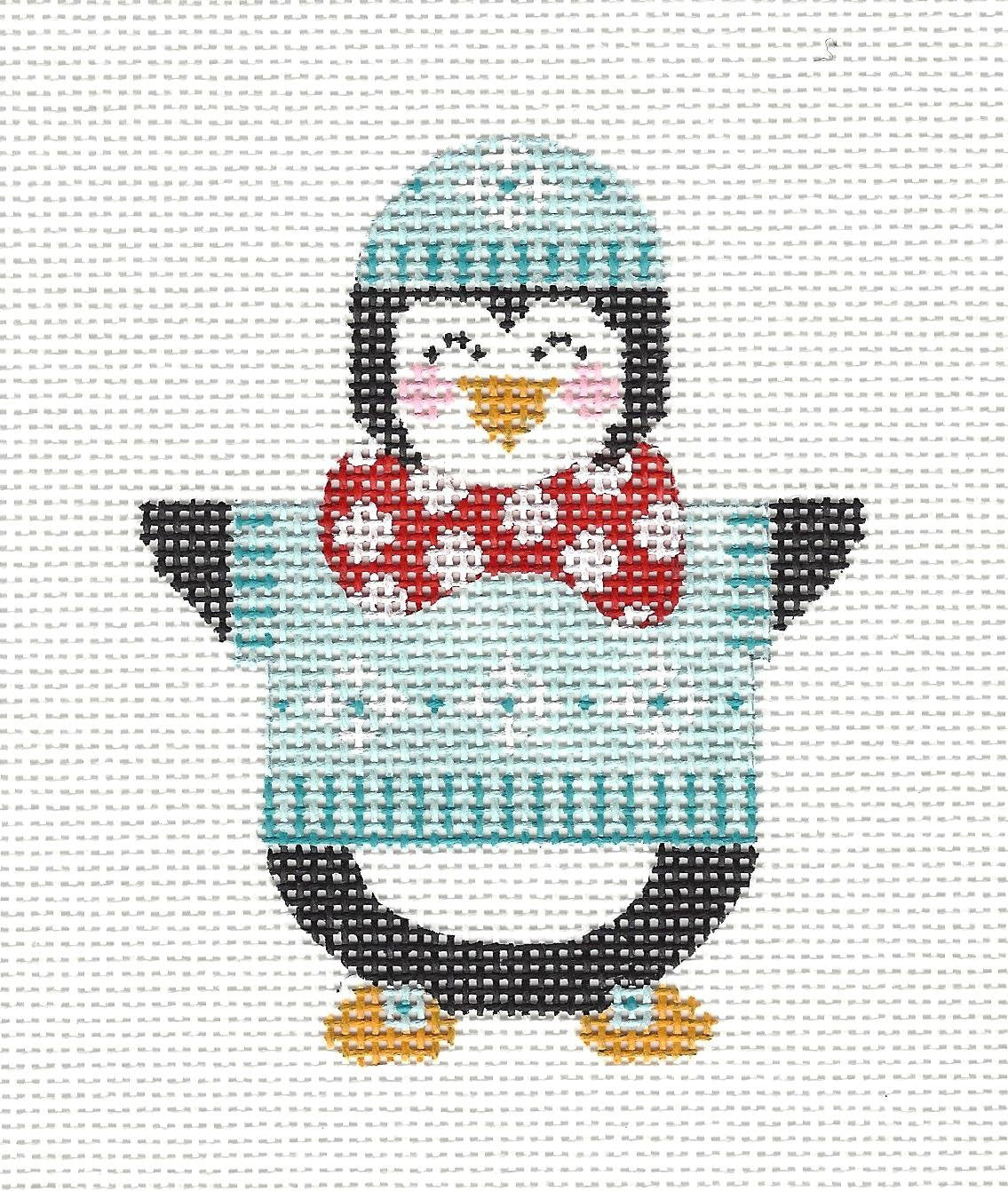 Penguin in Blue With Bowtie Ornament with S/G on hand painted Needlepoint Canvas  **SP. ORDER**